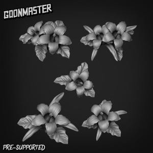 May include: A monochrome image showing several detailed floral arrangements. The flowers have multiple petals and are accompanied by leaves. The text "GOONMASTER" is at the top, and "PRE-SUPPORTED" is at the bottom.