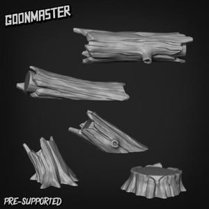 May include: A selection of grayscale 3D-printed wooden components, such as logs, stumps, and cut sections. The image includes the text "GOONMASTER" and "PRE-SUPPORTED". These elements are probably for model-making or crafting purposes.