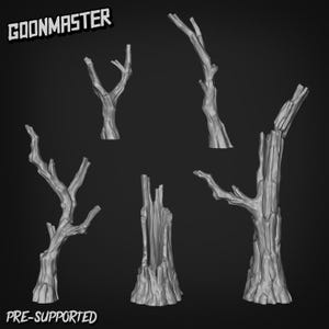 May include: A selection of grey, pre-supported tree trunk models in different shapes and sizes. The image includes the text "GOONMASTER" and "PRE-SUPPORTED". These models are suitable for tabletop gaming or craft projects.