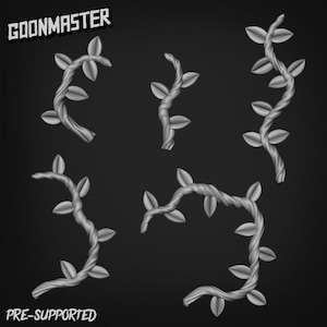 May include: Five grey, pre-supported, stylized vine and leaf elements are shown. Each design has leaves and a twisted stem. The image includes the text "GOONMASTER" and "PRE-SUPPORTED".