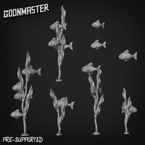 May include: A collection of grey 3D-printed aquatic models, including fish and seaweed. The image features multiple fish swimming around seaweed. The text "GOONMASTER" and "PRE-SUPPORTED" are visible in the image.