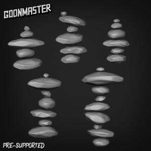 May include: A monochrome image showing multiple stacks of balanced stones, each with a unique arrangement. The text "GOONMASTER" is at the top left, and "PRE-SUPPORTED" is at the bottom.