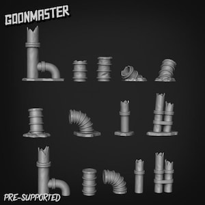 May include: A selection of grey miniature terrain pieces for tabletop gaming, including pipes, barrels, and broken structures. The text "GOONMASTER" and "PRE-SUPPORTED" are visible.