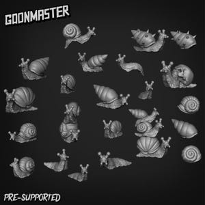 May include: A selection of grey, 3D-printed snail figurines in different poses. Some snails have spiky shells, and one has a skull-shaped shell. The text "GOONMASTER" and "PRE-SUPPORTED" are displayed in white.