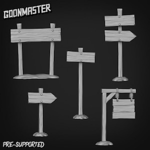 May include: A selection of grey, wooden signposts in different styles. The signs have a rustic appearance with visible wood grain and nail details. The image includes the text "GOONMASTER" and "PRE-SUPPORTED".