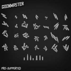 May include: A selection of grey 3D-printed ammunition components, including bullets and shell casings, against a dark backdrop. The text "GOONMASTER" and "PRE-SUPPORTED" are displayed in white.