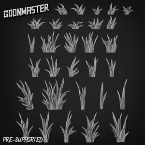 May include: A selection of grayscale grass tufts, in various sizes and forms, set against a dark backdrop. The image includes the text "GOONMASTER" and "PRE-SUPPORTED". Suitable for miniature terrain.
