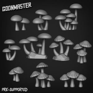 May include: A selection of grey, 3D-rendered mushroom models in different arrangements. The image shows several mushroom designs, some in clusters and others isolated. The text "GOONMASTER" and "PRE-SUPPORTED" are displayed in the image.