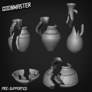 May include: Grayscale image featuring several broken pottery vessels, such as vases and bowls. The image includes the text "GOONMASTER" and "PRE-SUPPORTED".