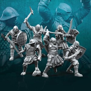 May include: A group of miniature fantasy figures depicting warriors and orcs in dynamic poses. The figures are dressed in armour and armed with swords, axes, and shields. The colour scheme is predominantly grey and silver.