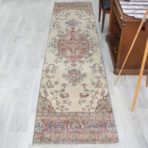 Long Hallway Runner Rug, Handmade Turkish Carpet, 2.8x11.5 Ft, Vintage Boho Carpet, Persian Style Floral Runner