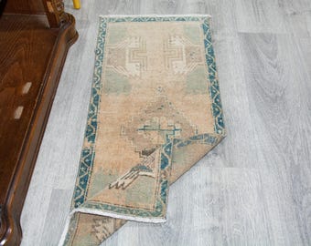 Jordfärgad turkisk Oushak-matta, handvävd liten vintagematta 45x103 cm, geometrisk matta, sliten entrématta