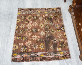 Unik, vintage turkisk matta, brun Kars geometrisk ullmatta (6,3 x 90 cm)