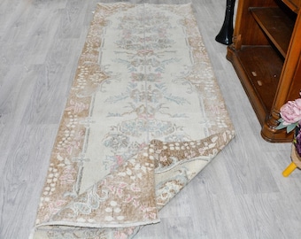 3 x 9 fot, Vintage turkisk löparmatta, sliten ullmatta, blommig löparmatta, Oushak ull entrématta, sovrumsinredning, lantlig inredning
