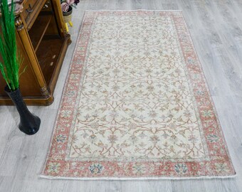 Neutral beige rosa, orientalisk matta, vintage turkisk matta: 1,2 x 2,2 m sliten tribal ullmatta, modern matta