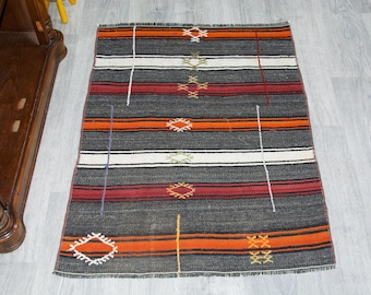32 x 43 pouces, kilim rayé, tapis Oushak vintage, tapis en laine noué à la main, tapis rayé effet vieilli, déco shabby chic, poils de chèvre en laine