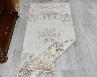 2,4x5,5 fot, Vintage turkisk löparmatta, 2x6 blommig Oushak-löpare, Beige blekt hallmatta, Handknuten ullmatta, Antik kökslöpare