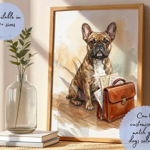 French Bulldog Wall Art, Watercolor Dog Print, Glasses Briefcase, Customisable (Digital Download)