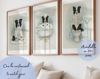 Peut inclure: Trois cadres muraux illustrant un border collie noir et blanc dans une salle de bain. Le premier montre le chien en peignoir, le deuxième dans une baignoire avec de la mousse et un canard en plastique, et le troisième assis sur des toilettes.