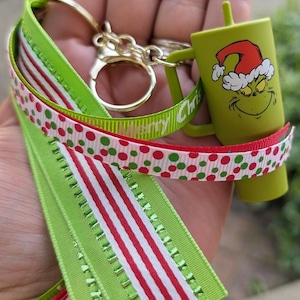 Christmas Green Cup Keychain Charm with Ribbon Tassel