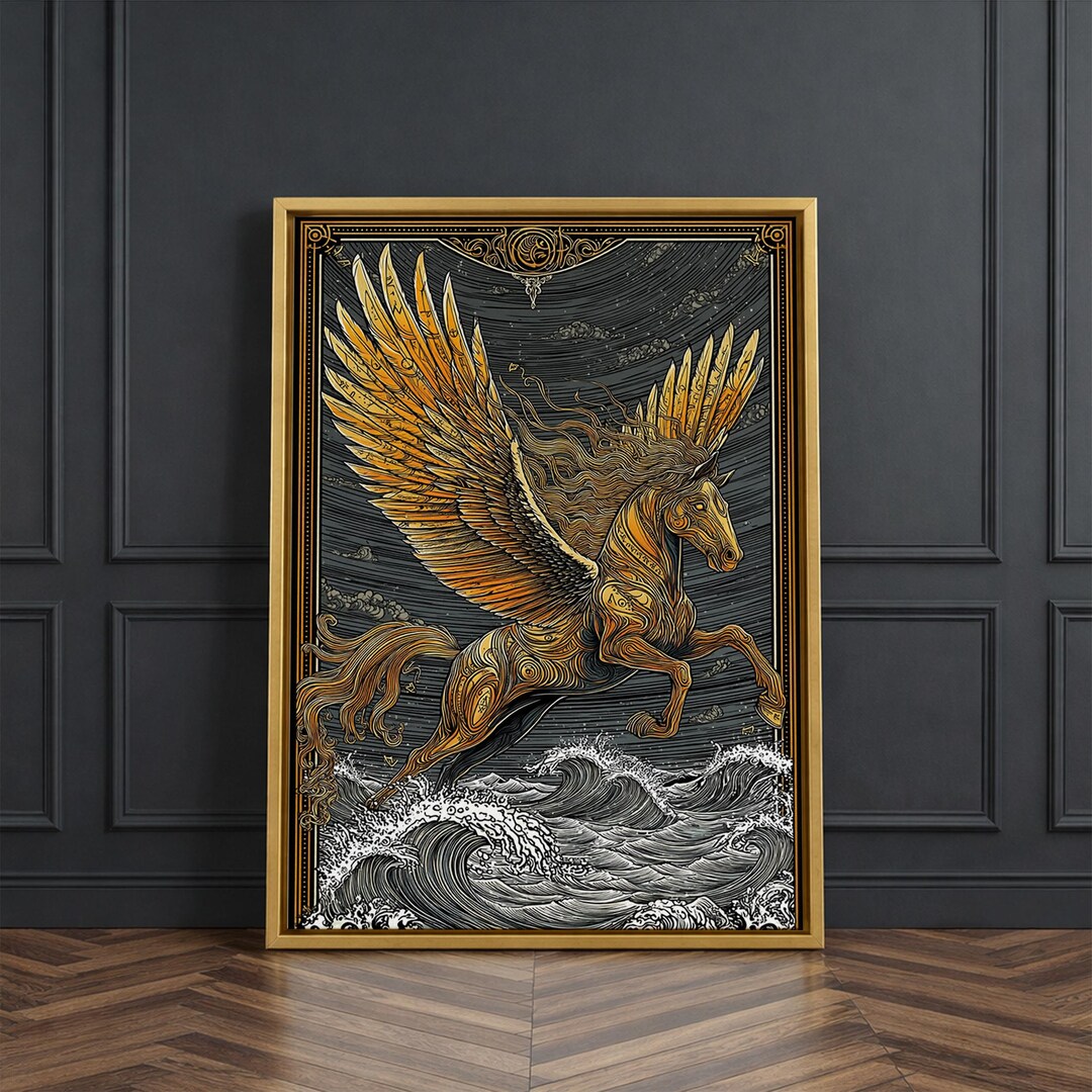 Pegasus Flying Above Waves, Mythical Winged Horse Art, Canvas Gold Art ...