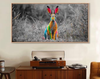 Rainbow Rabbit, Colorful Bunny, Surreal Wildlife, Nature Fantasy – Canvas Print, Kids Room Wall Art, Whimsical Decor, Modern Animal Art