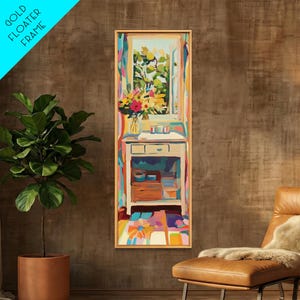 May include: A vertical rectangular painting in a gold floater frame depicting a colorful interior scene with a white vanity table, a vase of flowers, and an open window looking out onto green foliage, rendered in a vibrant, painterly style.