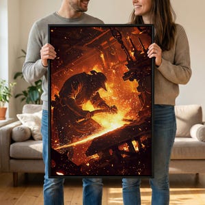Blacksmith Hammering Hot Steel Framed Canvas Print, Fiery Industrial Wall Art, African Inspired Workshop Decor Gift For Him