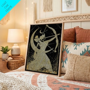 Artemis Lunar Goddess Archery Scene, Canvas Gold Art Print, Real Wood Frame, Mythology Wall Art, Elegant Greek Decor