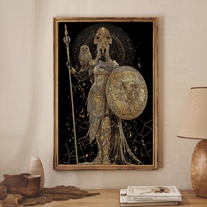 Athena With Owl And Shield Of Wisdom, Canvaslic Gold Art Print, Real Wood Frame, Ancient Greek Mythology Warrior Decor
