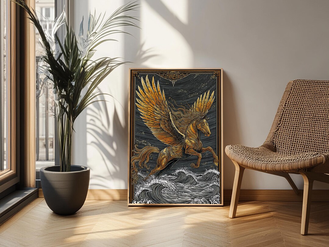 Pegasus Flying Above Waves, Mythical Winged Horse Art, Framed Canvas ...