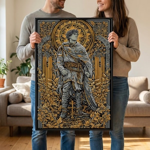 May include: A framed art print featuring a detailed illustration of a figure in medieval attire, set against a backdrop of gold and black ornate designs. The artwork includes a cross and foliage elements, creating a historical or fantasy theme.