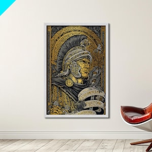 Metallic Gold Metal Print, Warrior Helmet Roman Soldier Art, Ancient Military Wall Decor, Classical Artwork, Real Wood Frame
