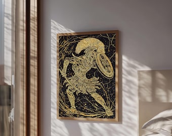 Framed Canvas Print, Ancient Greek Warrior With Shield, Mythology Inspired Wall Decor, Real Wood Frame, Heroic Battle Artwork