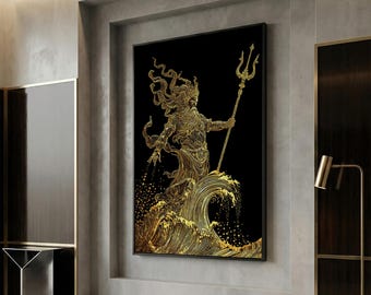 Poseidon Sea God Statue Canvas Gold Canvas Print, Ocean Deity With Waves Canvas Gold Art, Real Wood Frame Classical Mythology Decor