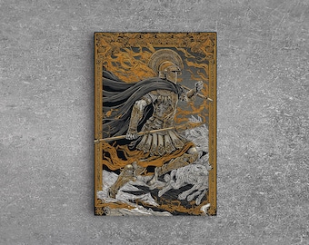 Ancient Warrior With Spear, Canvas Print, Mythology Wall Art, Battle Scene Decor, Real Wood Frame Epic Artwork