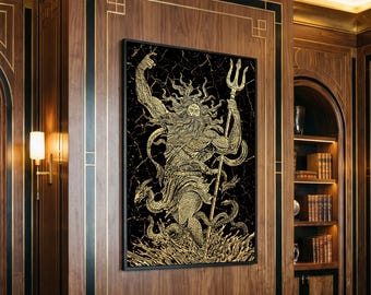 Poseidon Sea God With Serpent Canvas Gold Canvas Print, Ocean Deity With Trident Canvas Gold Art, Real Wood Frame Mythological Decor