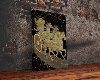 Golden Chariot Framed Canvas Print, Framed Canvas Wall Art with Real Wood Frame, Classical Black and Gold Greek Myth Horse Decor
