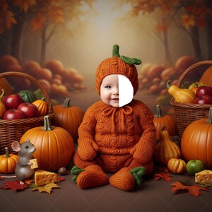 May include: A baby in an orange pumpkin-themed outfit sits among pumpkins, baskets of apples, and a mouse figurine holding cheese. The scene is set against a fall-themed backdrop, evoking a harvest or autumn theme.