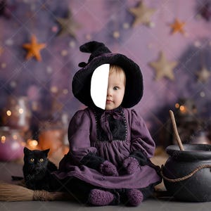 May include: A child dressed in a purple witch costume, complete with a hat, dress, and mittens, sits in front of a Halloween-themed backdrop. A black cat rests on a broom, and a cauldron with a wooden spoon sits nearby. The background features stars and decorative bottles.