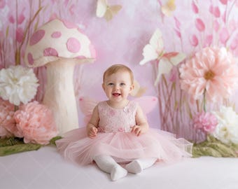 Sitter Digital Backdrop | Pink Fairy Garden Cake Smash Background | Whimsical Girl Photo Prop | Mushroom Butterfly JPEG