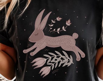 Comfort Colors Whimsical Bunny Tee, Cute Sleeping Rabbit Shirt, Easter Crewneck with Floral Forest Animals, Retro Woodland Wildlife, Nordic
