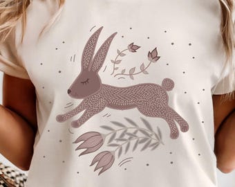 Whimsical Bunny Tee, Cute Comfort Colors Sleeping Rabbit Shirt, Retro Woodland Wildlife, Scandinavian Folk Art, Forestcore Easter Crewneck
