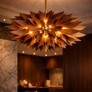 Modern Wooden Sputnik Chandelier Light Fixture, Mid Century Luxury Pendant Lamp, Sculptural Walnut Ceiling Light, Statement Dining Room
