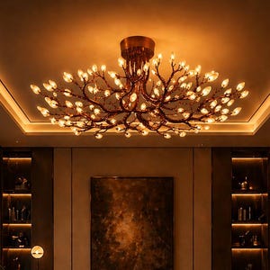 Lámpara de araña de lujo con forma de rama de árbol de cobre, plafón empotrado inspirado en la naturaleza, luminaria LED rústica moderna con forma de hoja de cristal, elemento decorativo para el hogar.