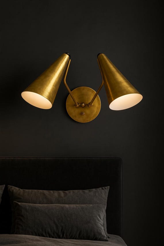 Modern Double Cone Brass Sconce – Two-Light Adjustable Wall Lamp for Bedroom, Bathroom & Hallway Elegance