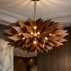 Walnut Sputnik Chandelier, Mid Century Sculptural Pendant Lamp, Luxury Statement Ceiling Light