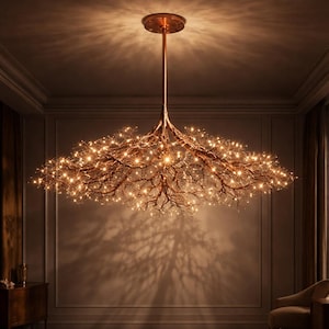 May include: A bronze-colored chandelier with a tree branch design. The fixture is suspended from the ceiling and features numerous small lights, creating a warm, inviting glow. The branches cast a shadow on the wall.