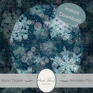 May include: Digital seamless file featuring a winter theme with snowflakes. The design includes a dark blue background with a grid pattern, white bokeh, and hand-drawn snowflakes. The text "Instant Download" is visible.
