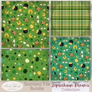 May include: A seamless file bundle with four patterns. The patterns include a green plaid, a green polka dot, and two patterns with leprechauns, rainbows, pots of gold, and horseshoes. The text reads "Leprechaun Dreams Collection".